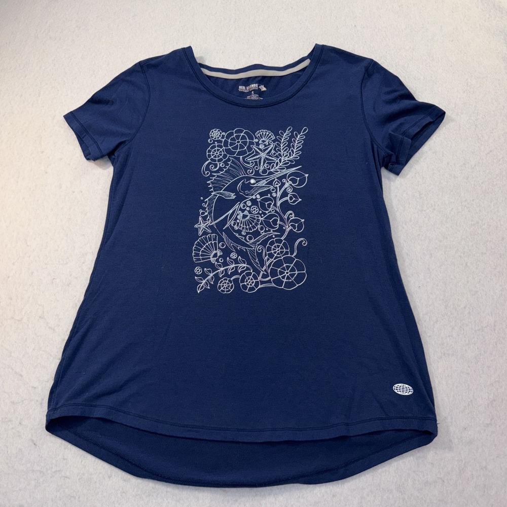 Reel Legends Marlin Blue Short Sleeve Polyester Linen T-Shirt Women's Small Fish